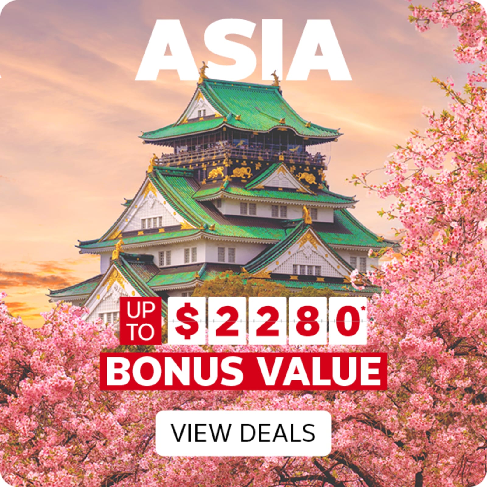 Osaka castle at sunset framed by cherry blossoms featuring Asia deals up to $2,280 bonus value