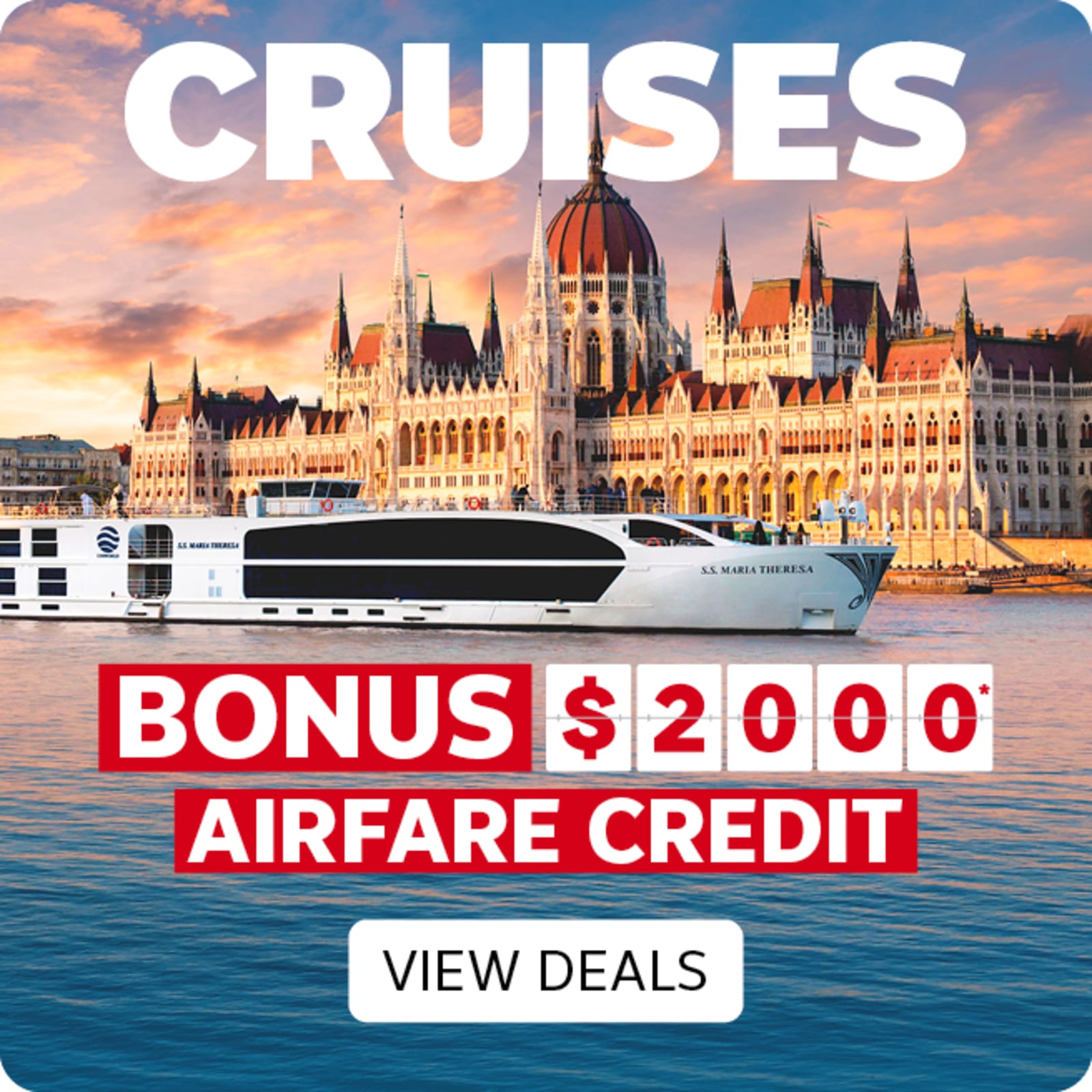Luxury river cruise ship sailing past the Hungarian Parliament building featuring cruises with a bonus $2000 airfare credit