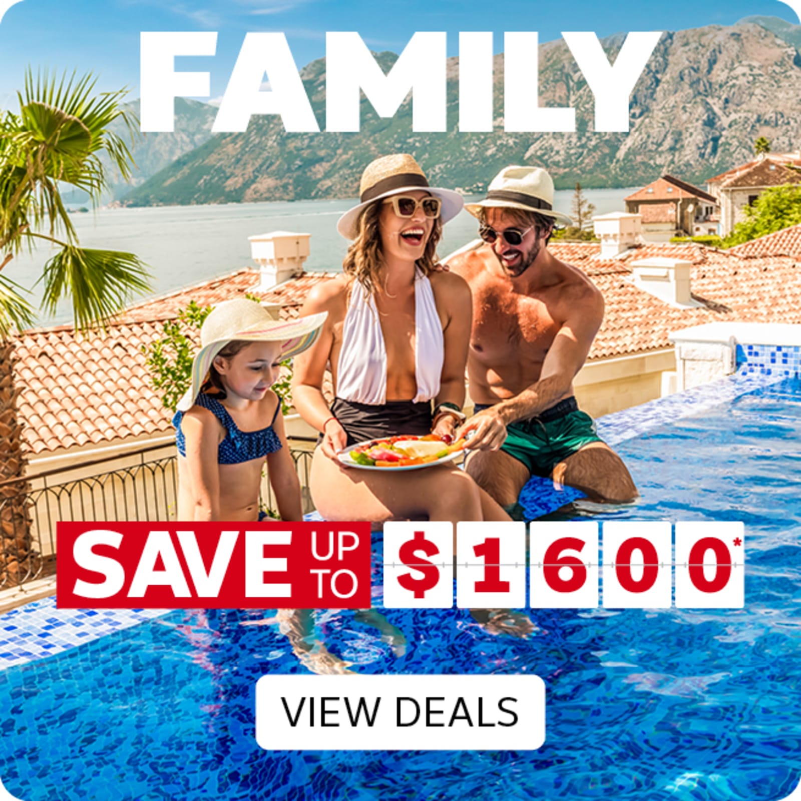 Family of three sitting in an infinity pool laughing and eating fruit in a coastal Greek town featuring luxury family holidays
