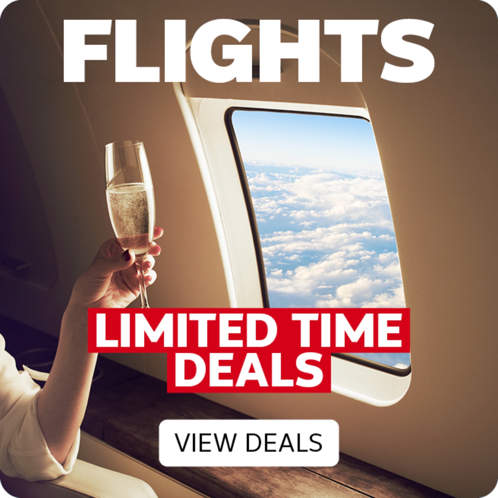 Woman drinking champagne in a plane featuring limited time flight deals