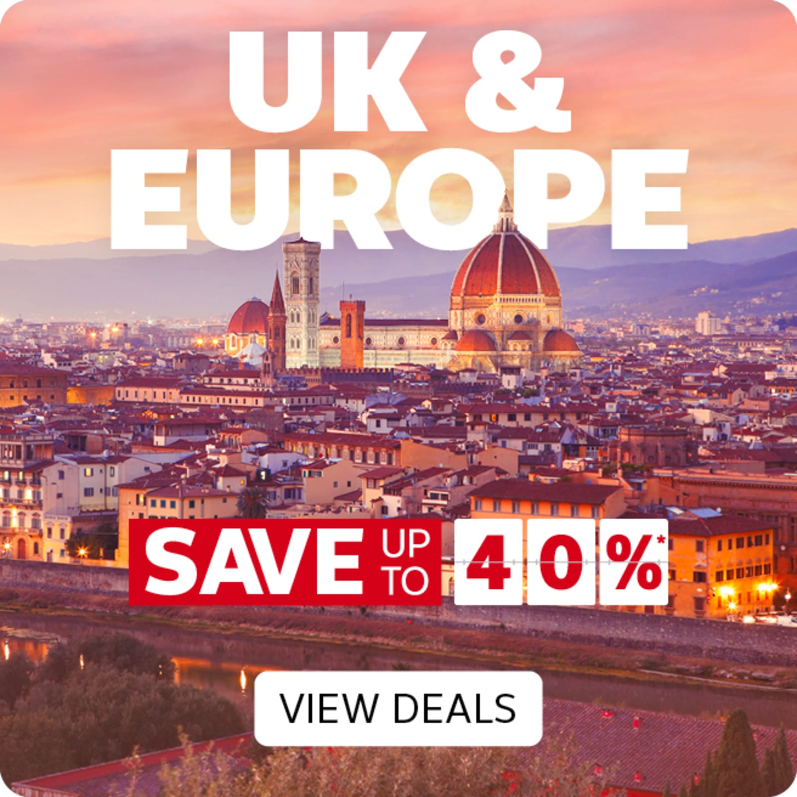 Sunset over Florence featuring the Cathedral of Santa Maria del Fiore for UK and Europe deals saving up to 40%