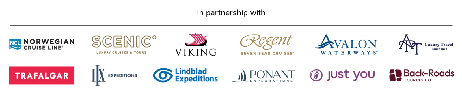 Partnership logos for NCL, Scenic, Viking, Regent Seven Seas, Avalon Waterways, APT, Trafalgar, HX Expeditions, Lindblad Expeditions, Ponant, Just You and Back-Roads Touring Co.