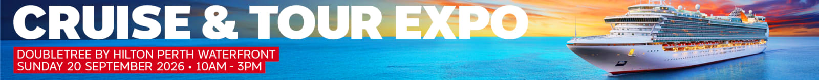 Cruise ship at sea at sunset featuring a cruise & tour expo on the 20th September