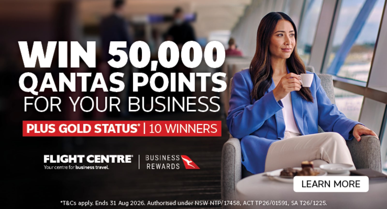 Woman drinking tea in an airport terminal featuring a chance to win 50,000 Qantas points for your business plus gold status for 10 winners