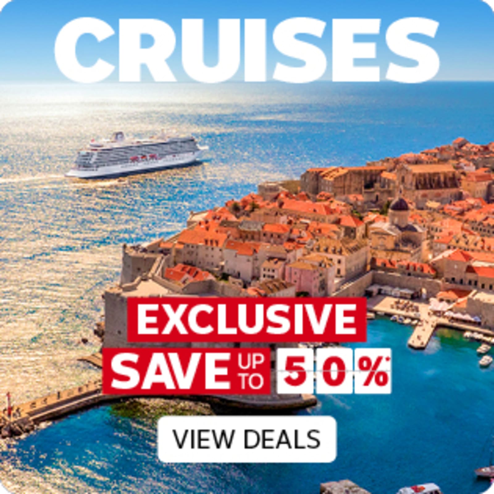 Cruise ship sailing past Dubrovnik, Croatia featuring exclusive savings up to 50% on cruises