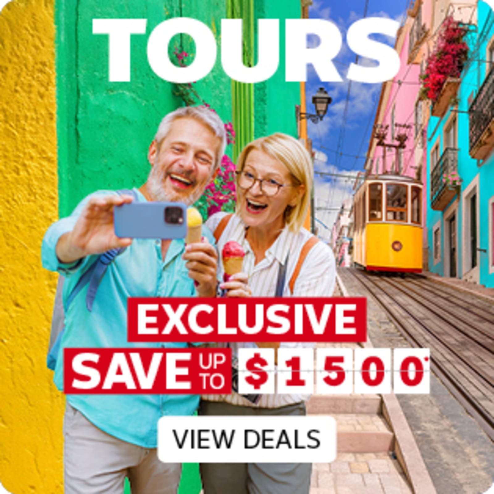 Elderly couple taking a selfie holding ice creams in a colourful street featuring exclusive savings up to $1500 on tours