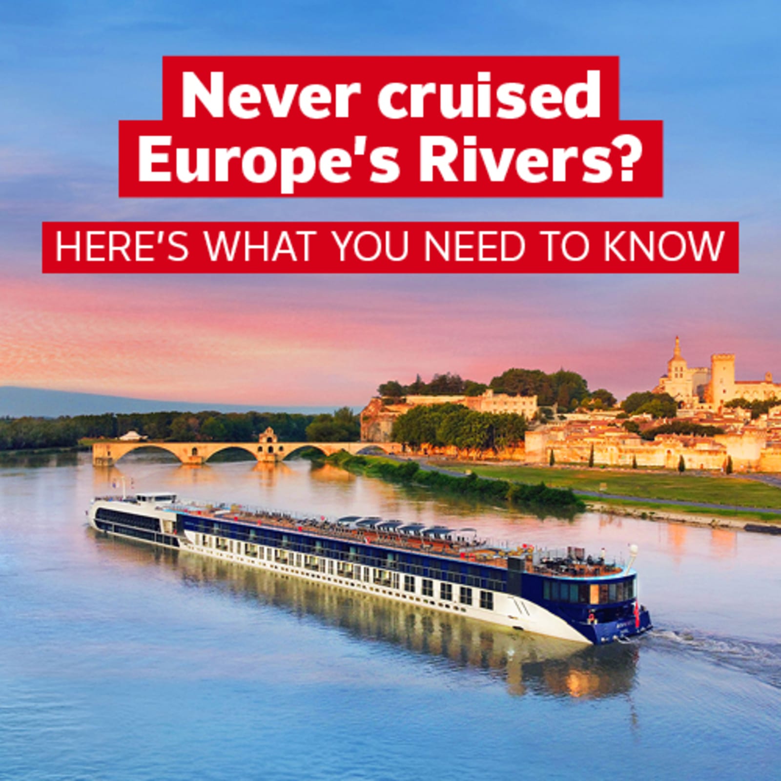 River cruise ship sailing past a historic European riverside town at sunset for an introduction to European river cruising