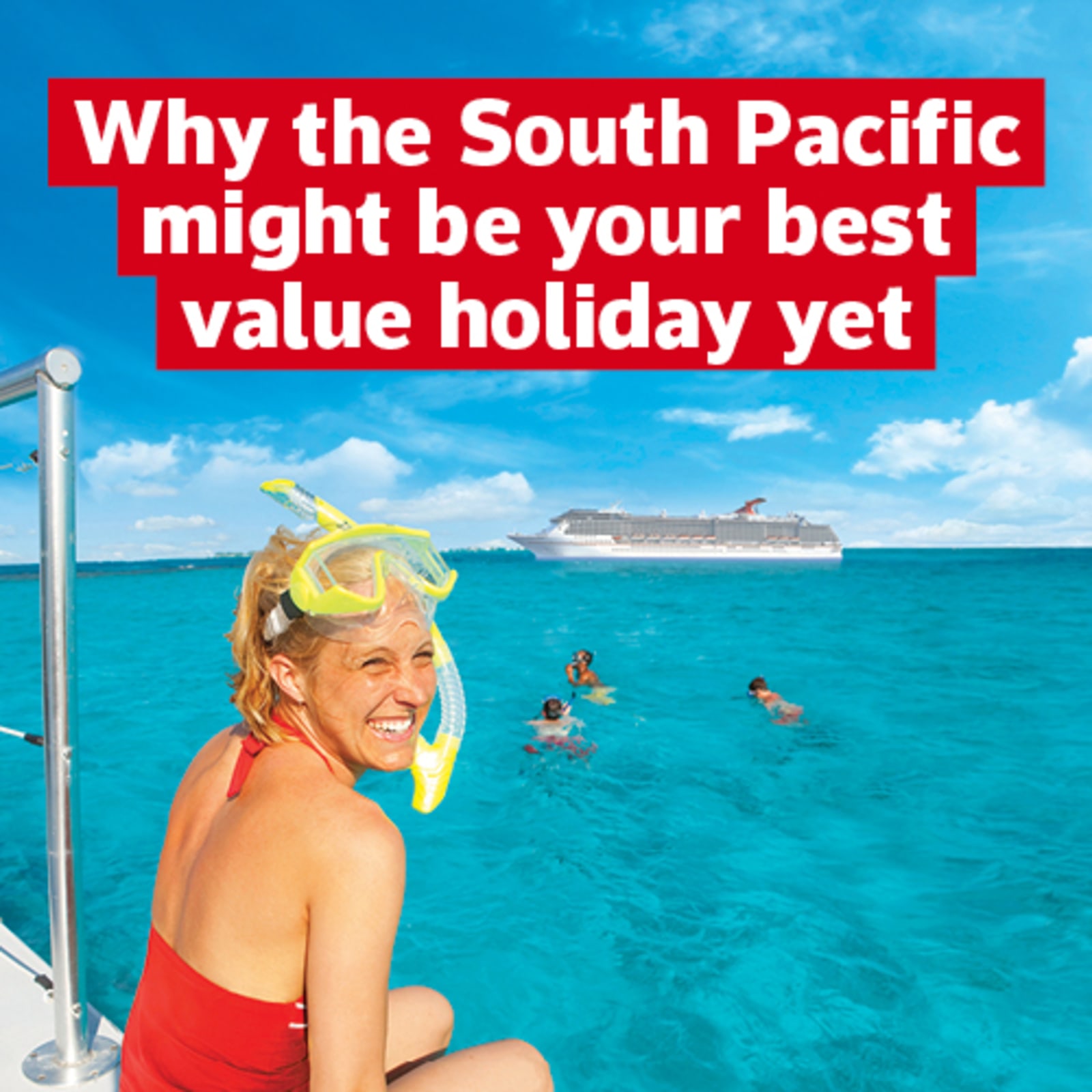 Woman with a snorkel smiling looking out at people swimming in the ocean with a Carnival cruise ship on the horizon