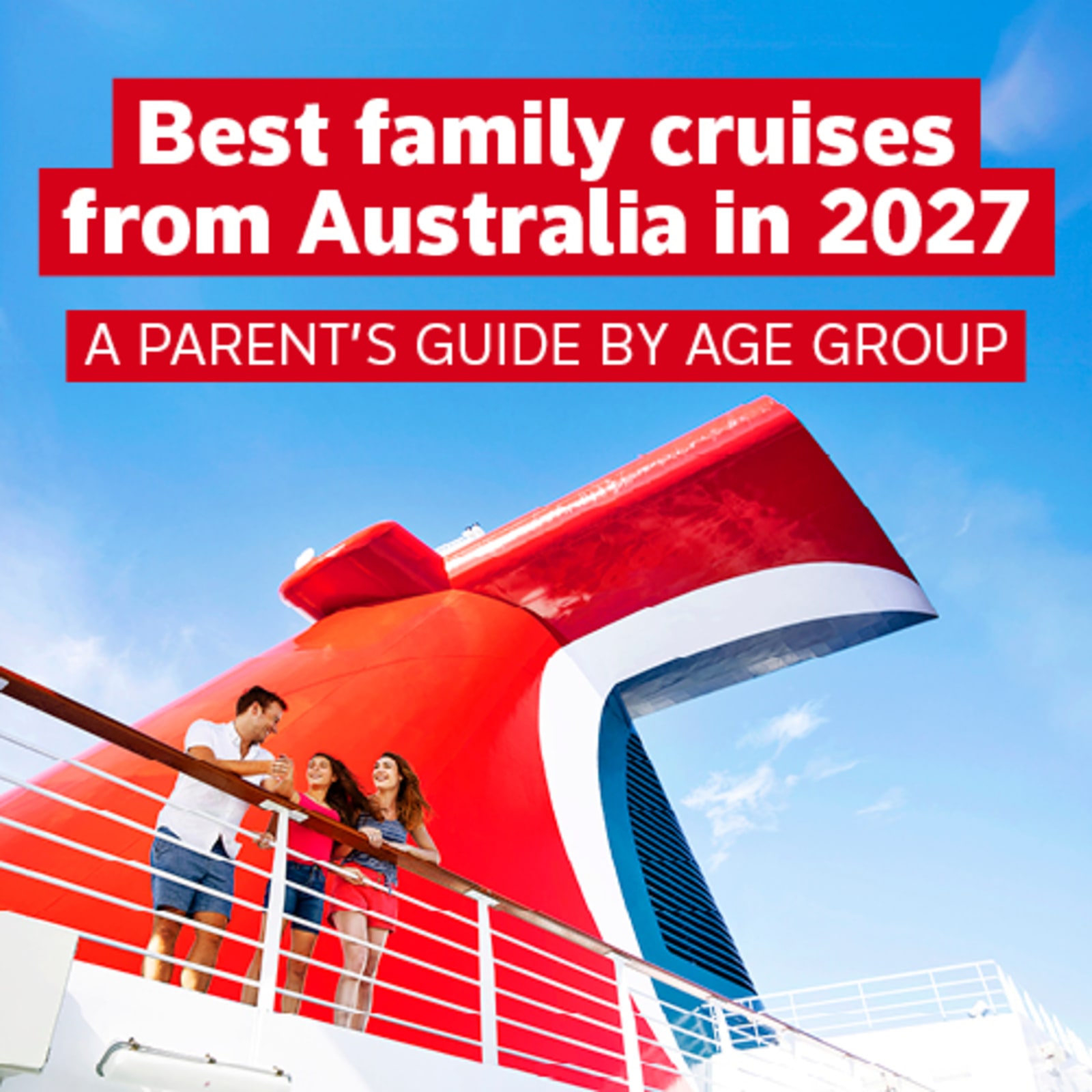 Family of 3 standing on the edge of a Carnival cruise ship next to the big red fin