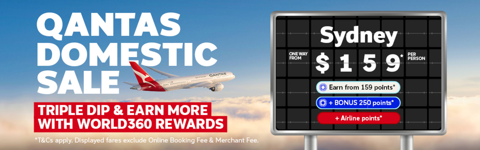 Qantas plane flying through clouds featuring a Qantas domestic sale including one way flights to Sydney from $159, earning more points with World360 rewards