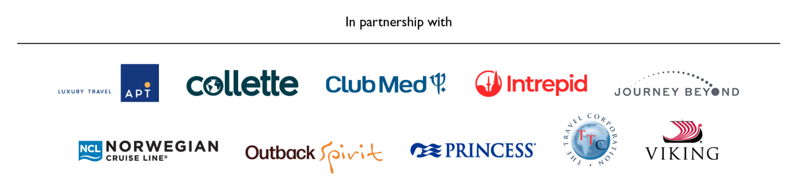 In partnership with APT, Collette, Club Med, Intrepid, Journey Beyond, NCL, Outback Spirit, Princess, Viking