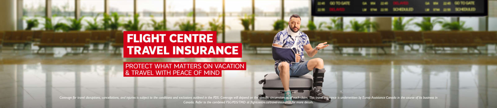 Flight Centre Travel Insurance | protect what matters on holiday & travel with peace of mind. Man with a broken neck, arm and leg sitting on a suitcase