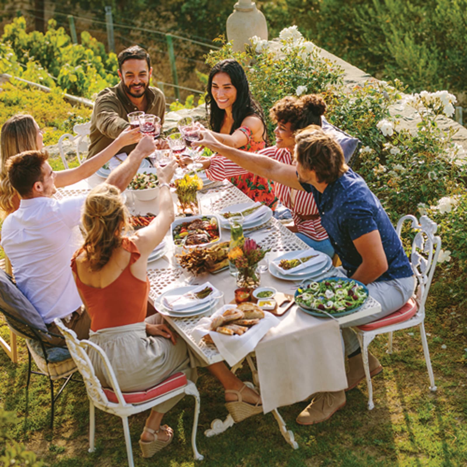 Group of people toasting at an outdoor lunch