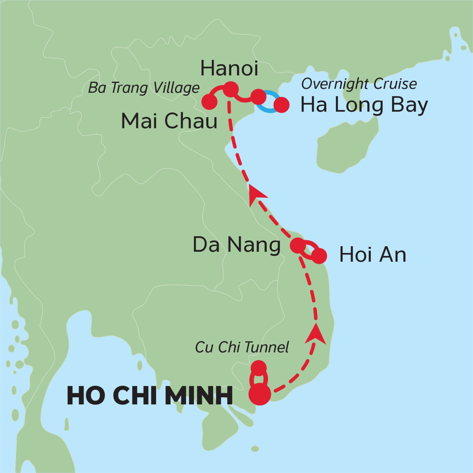 Map of Vietnam travelling from Ho Chi Minh City, to Hoi An, to Hanoi, to Mai Chau, to Ha Long Bay
