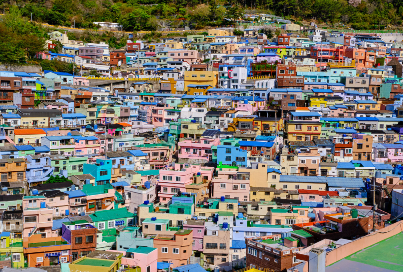An aerial view of Gamcheon Culture Village in Busan, South Korea, with densely packed colourful houses in pastel shades of pink, blue, yellow and green cascading down a hillside