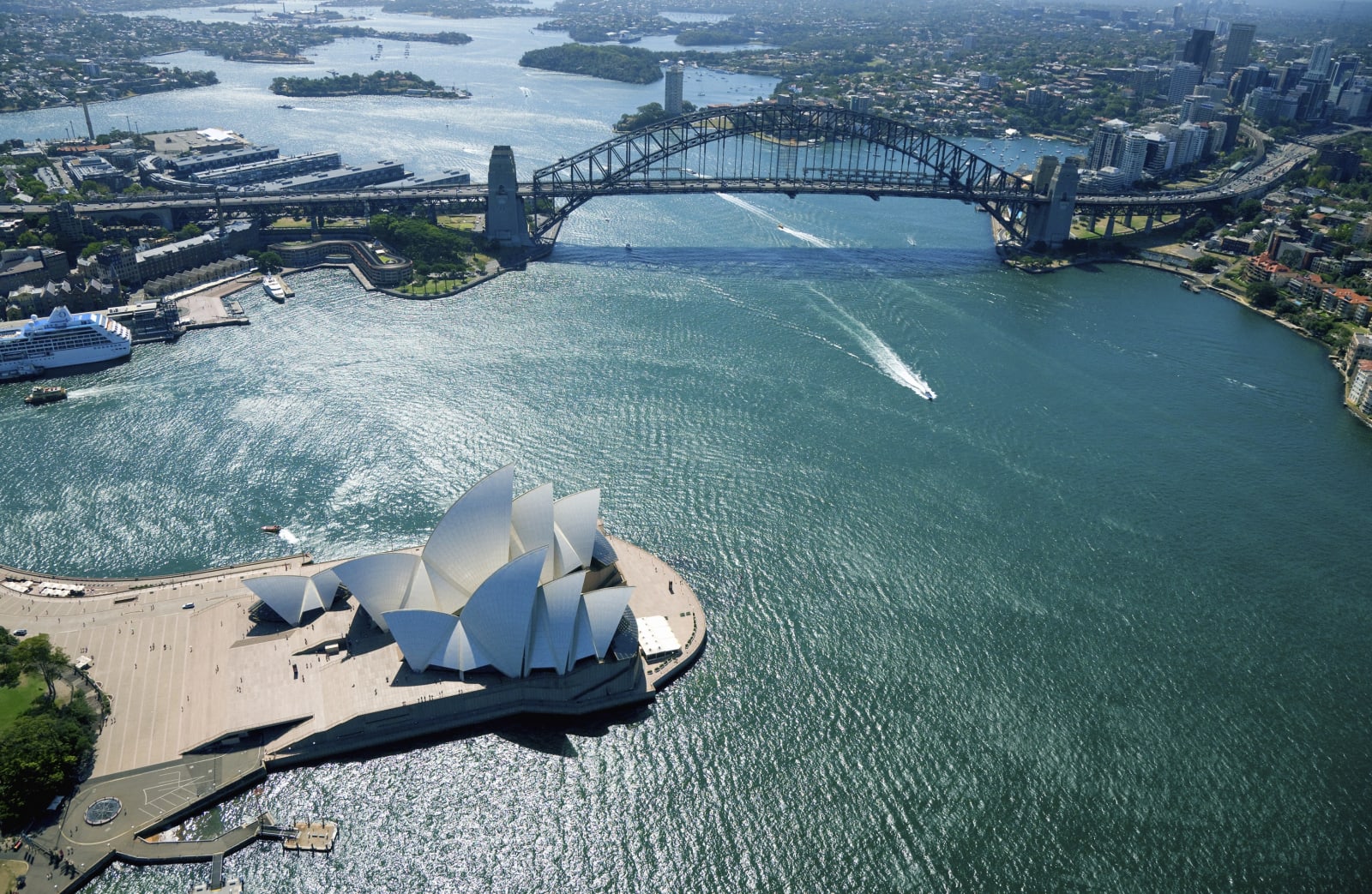 Sydney aerial view of Opera House and Harbour Bridge