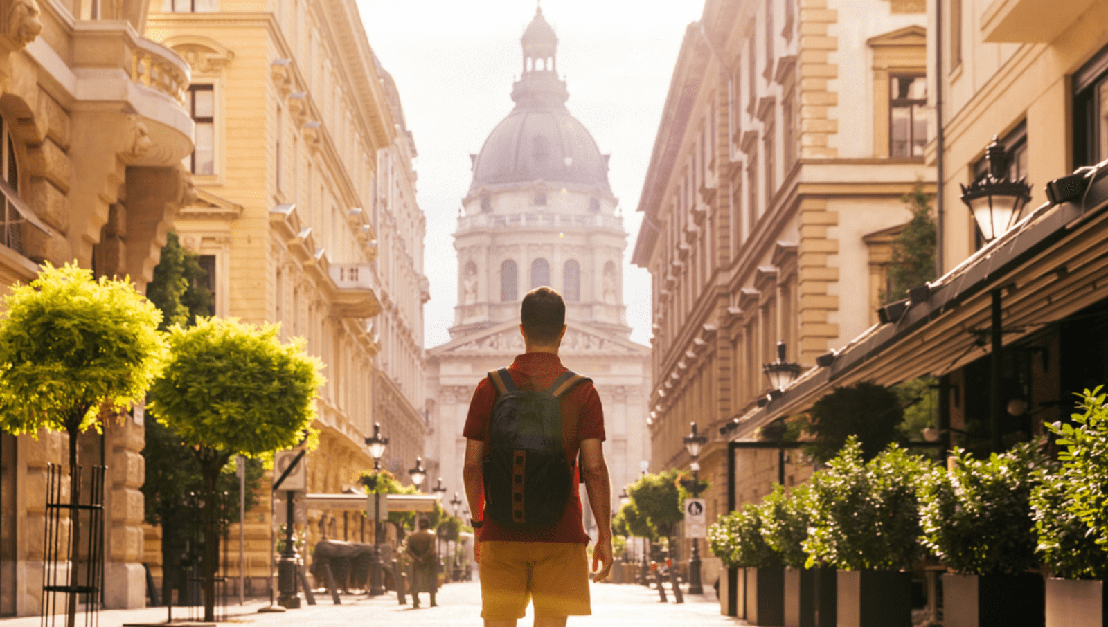 Man standing in middle of street lined with trees and buildings
