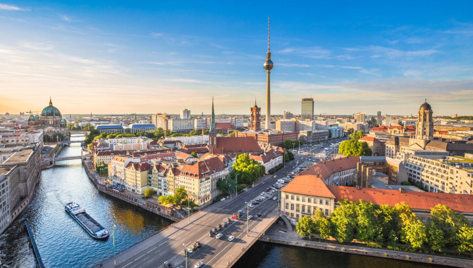 View of Berlin and river with bridge running over it