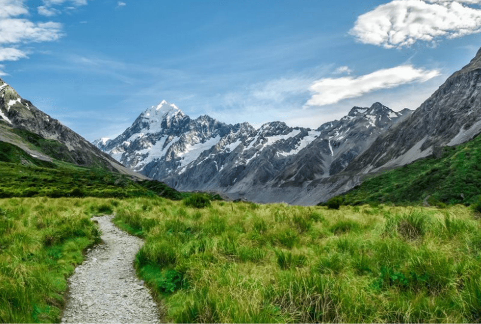 Green pathway towards snow-capped mountains 
