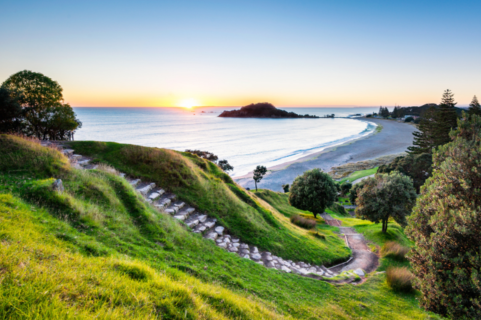 Sunrise at summit hiking track on Mount Maunganui, New Zealand
