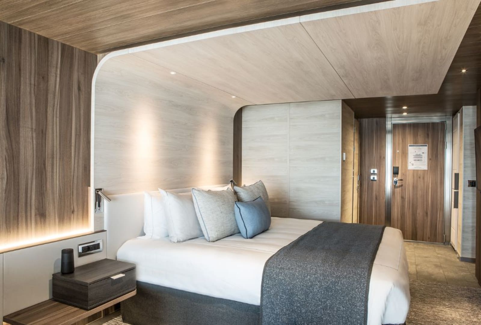 A luxury, elegant cruise stateroom