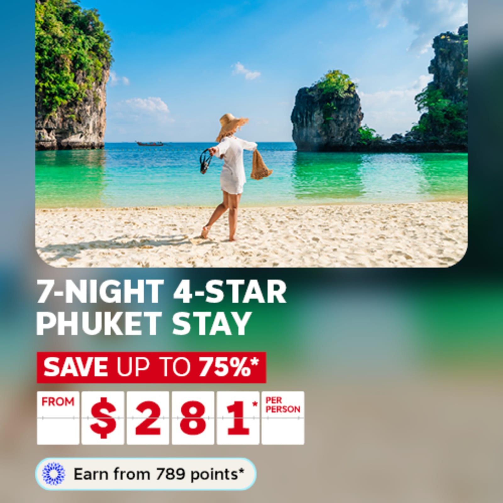 Person in a sun hat strolling on a white sand Phuket beach for a Travel Tuesday 7-night 4-star stay saving up to 75% from $281 per person