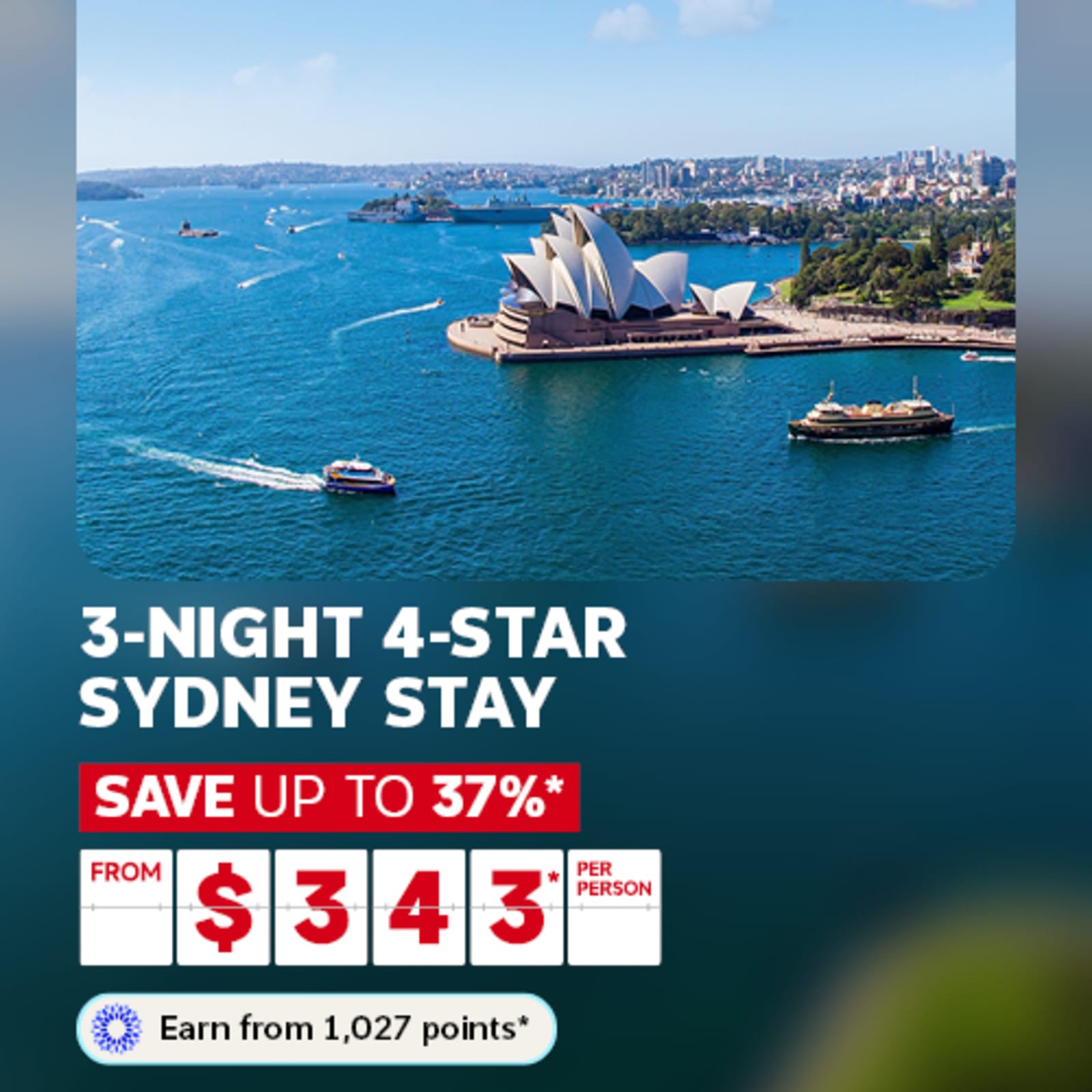 Sydney Opera House and harbour with ferries on sparkling blue water for a Travel Tuesday 3-night 4-star stay saving up to 37% from $343 per person