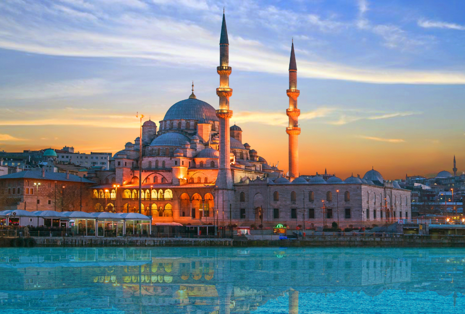 Yeni Mosque in Istanbul catches the last of the sun's rays at sunset