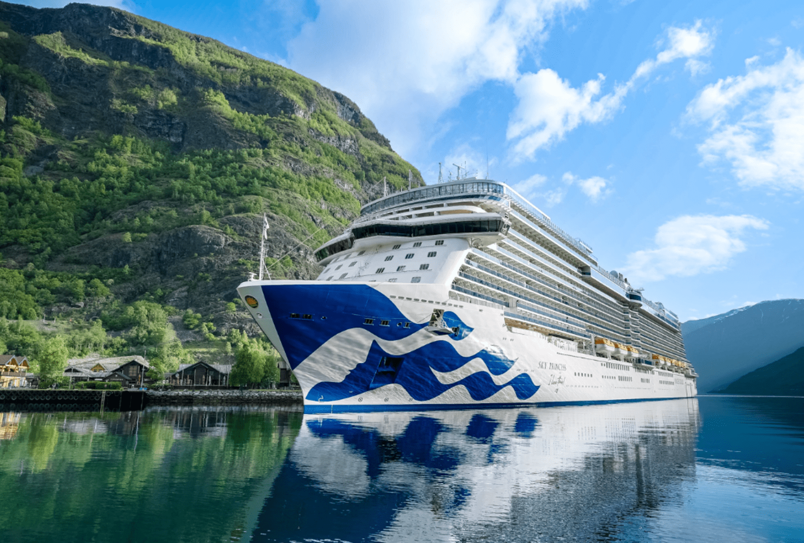 The cruise ship Sky Princess anchors in a fjord in calm waters.