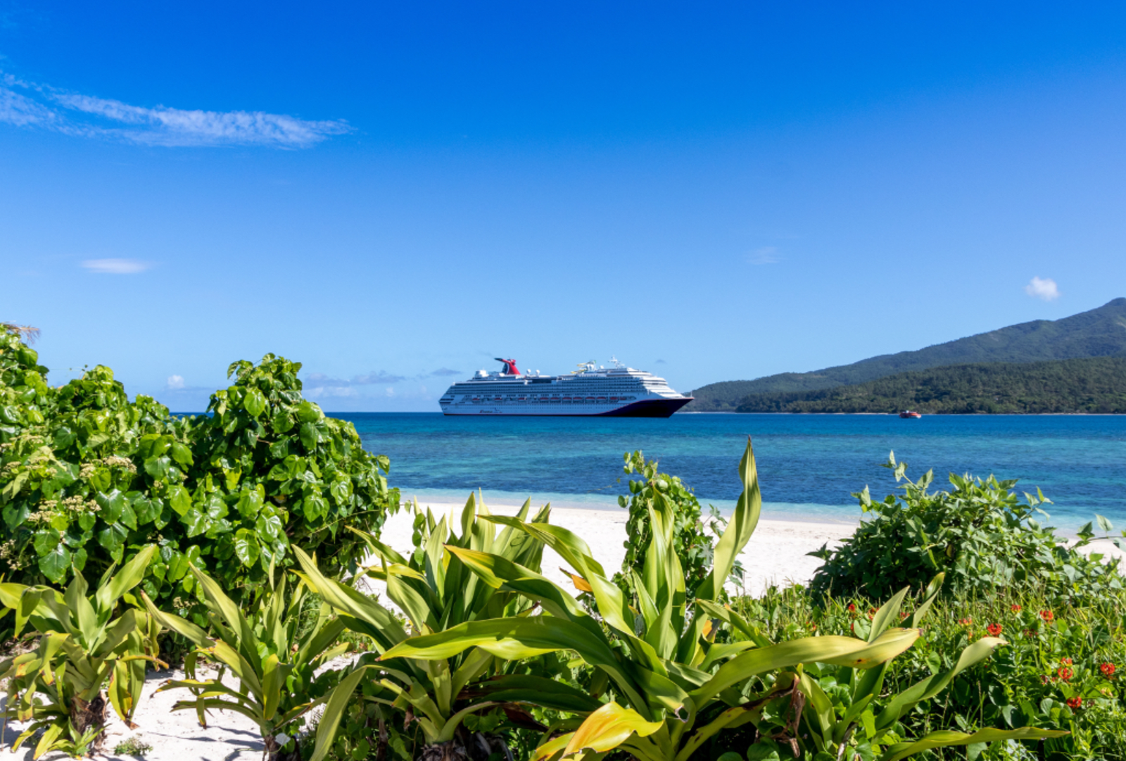 The Carnival Splendor ship in the water off Mystery Island