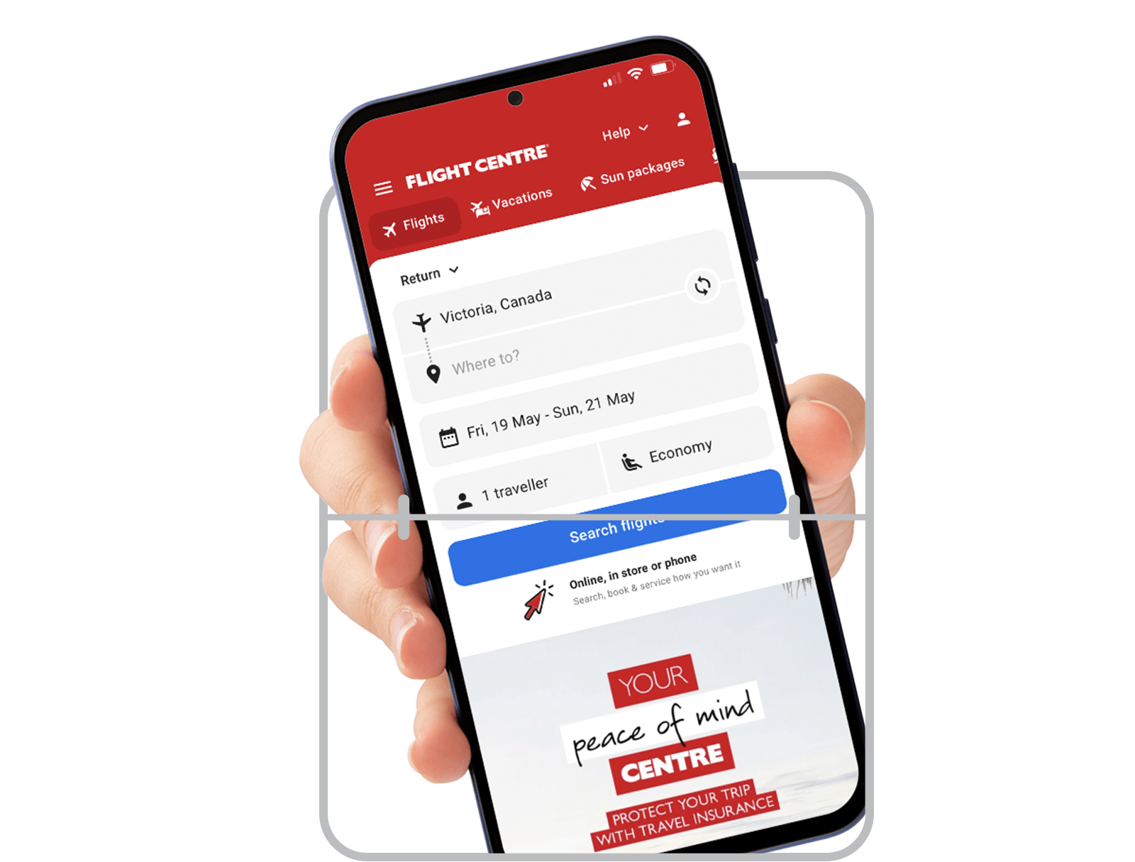 Phone screen advertising the Flight Centre Website