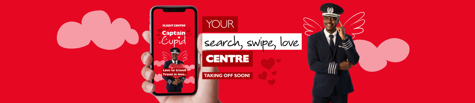Your search, swipe, love centre - taking off soon! Hand holding a phone with a pilot posing suggestively in front of a red cupid background
