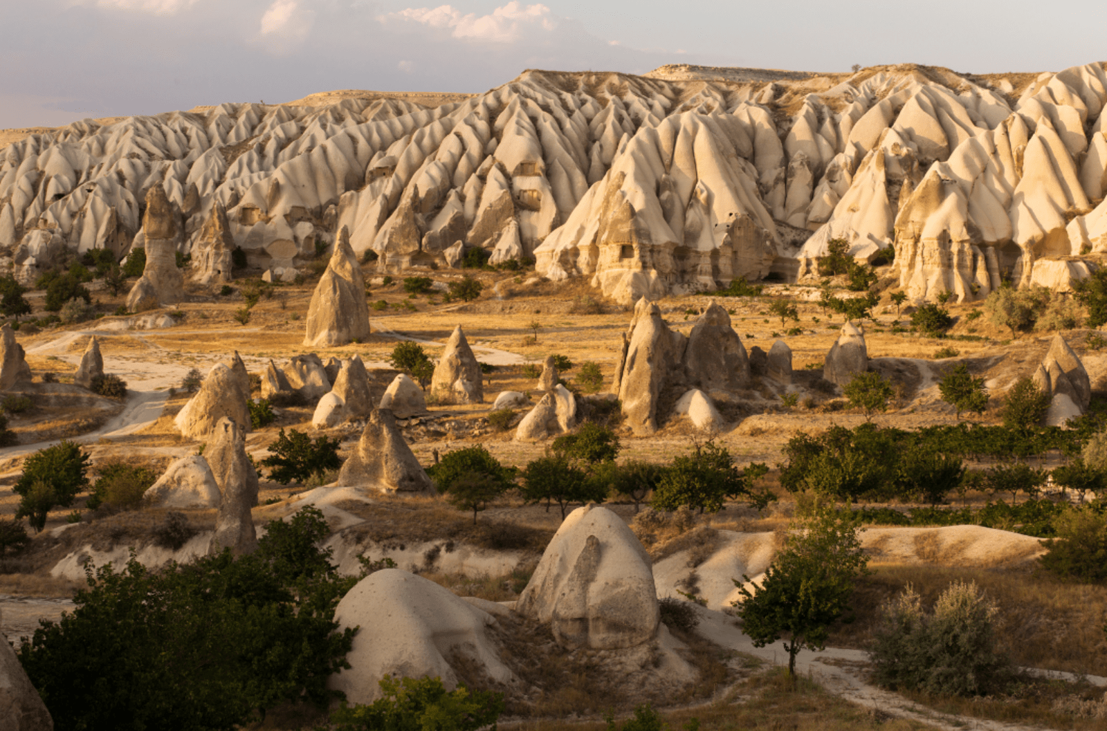 Distinct rock formations in the Cappadocia region of Turkey. 