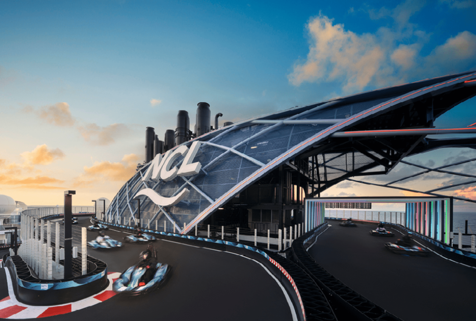 Go-karts dart round the funnel of an NCL cruise ship