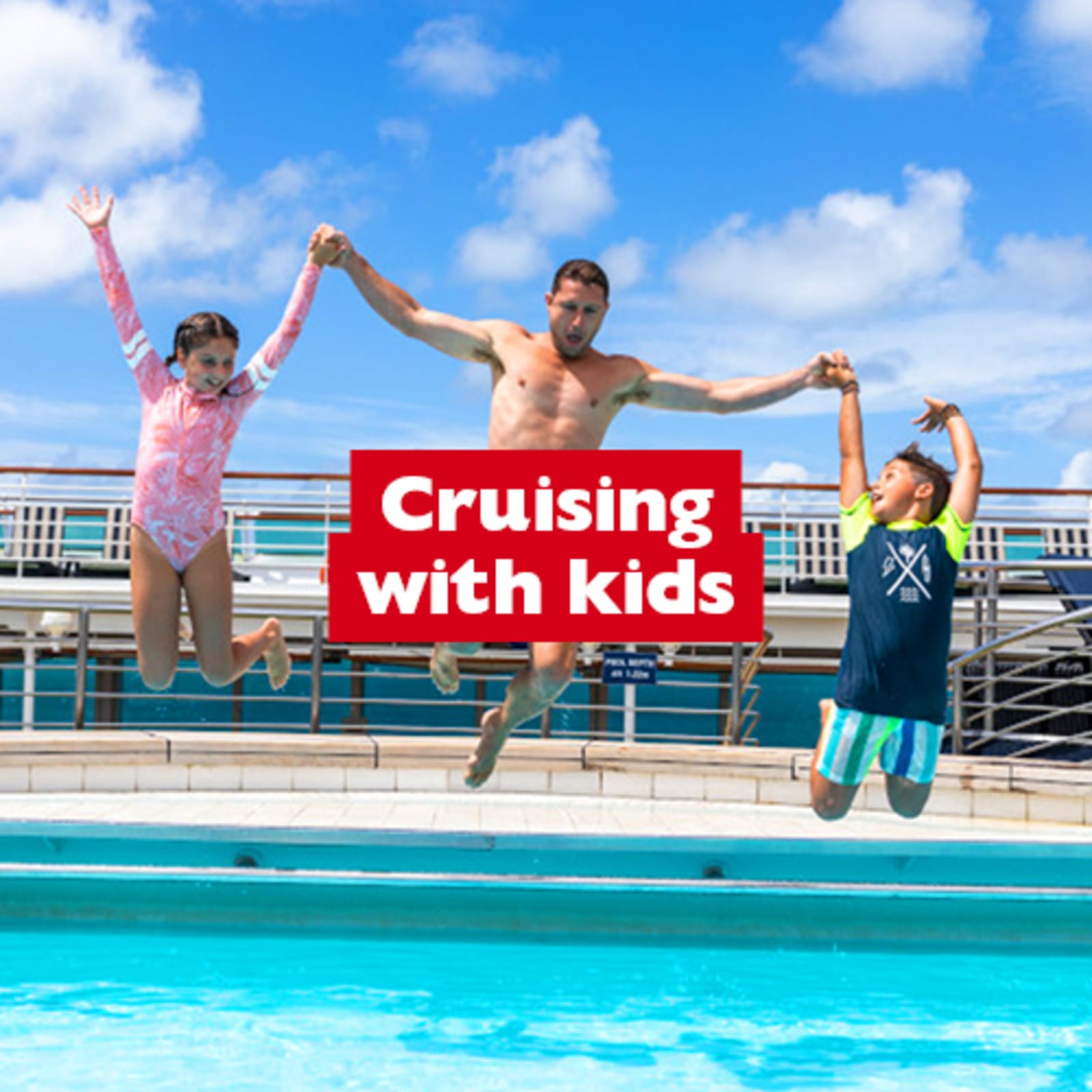 Cruising with kids - father and two children jumping into a pool