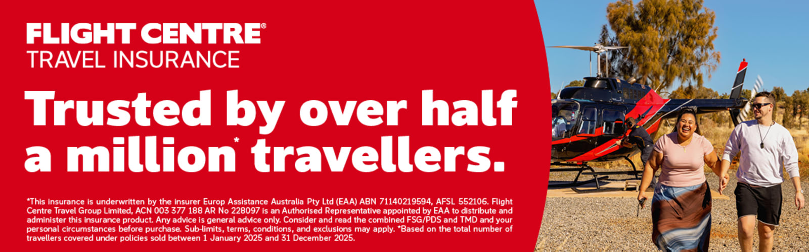 Travellers walking hand in hand beside a helicopter promoting Flight Centre Travel Insurance trusted by over half a million travellers