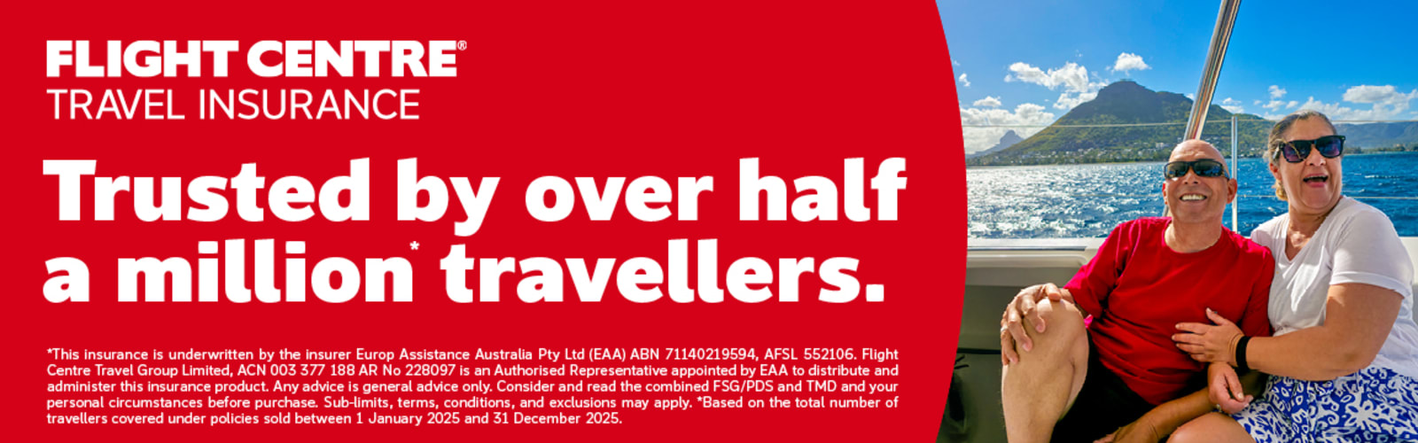 Flight Centre Travel Insurance trusted by over half a million travellers with a couple relaxing aboard a boat