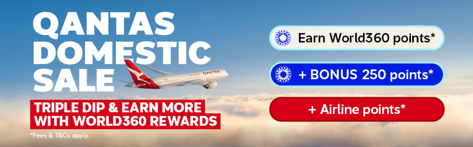 Qantas plane flying above clouds for a Qantas domestic sale with triple dip rewards on eligible flight bookings