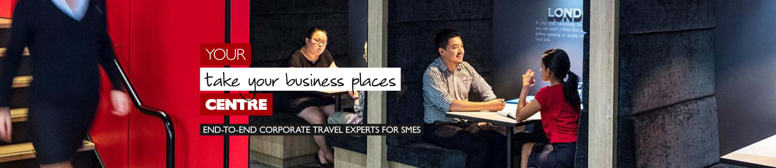 Your take your business places centre - End-to-end corporate travel experts for SMEs. Flight Centre Business Travel Customers sitting in booths