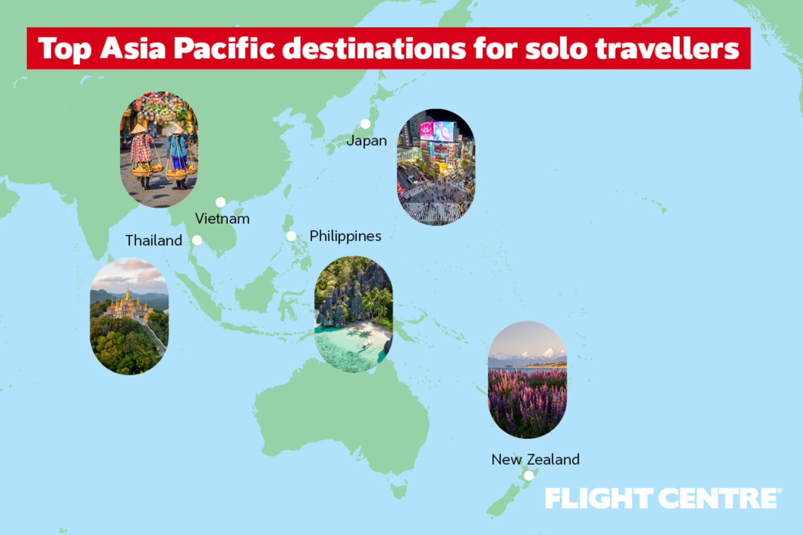 Vietnam, Thailand, Japan, New Zealand and the Philippines are among the top Asia Pacific destinations for solo travellers