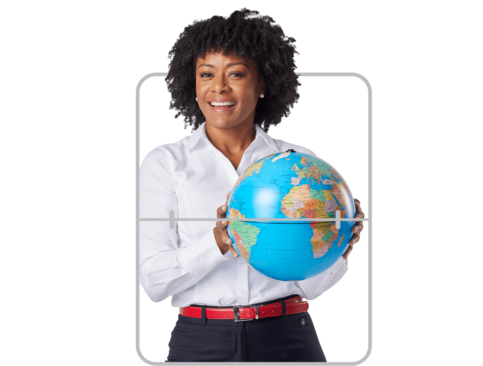 Flight Centre staff member holding a globe