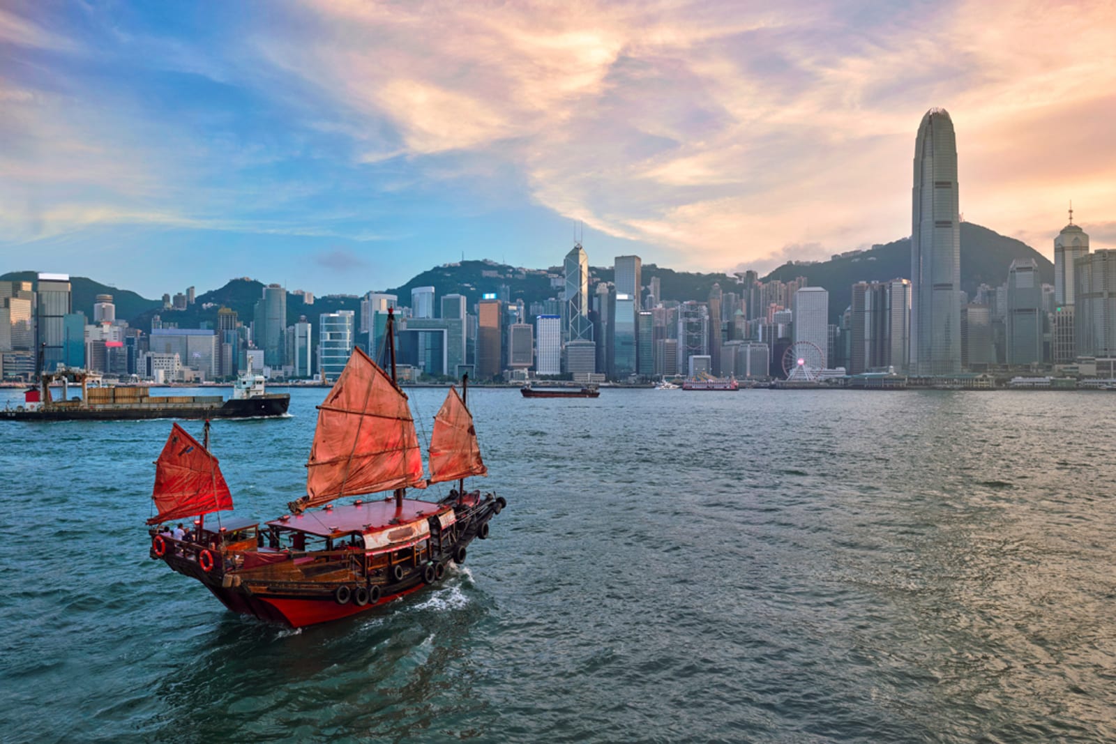 A junk boat in Victoria Harbour, Hong Kong