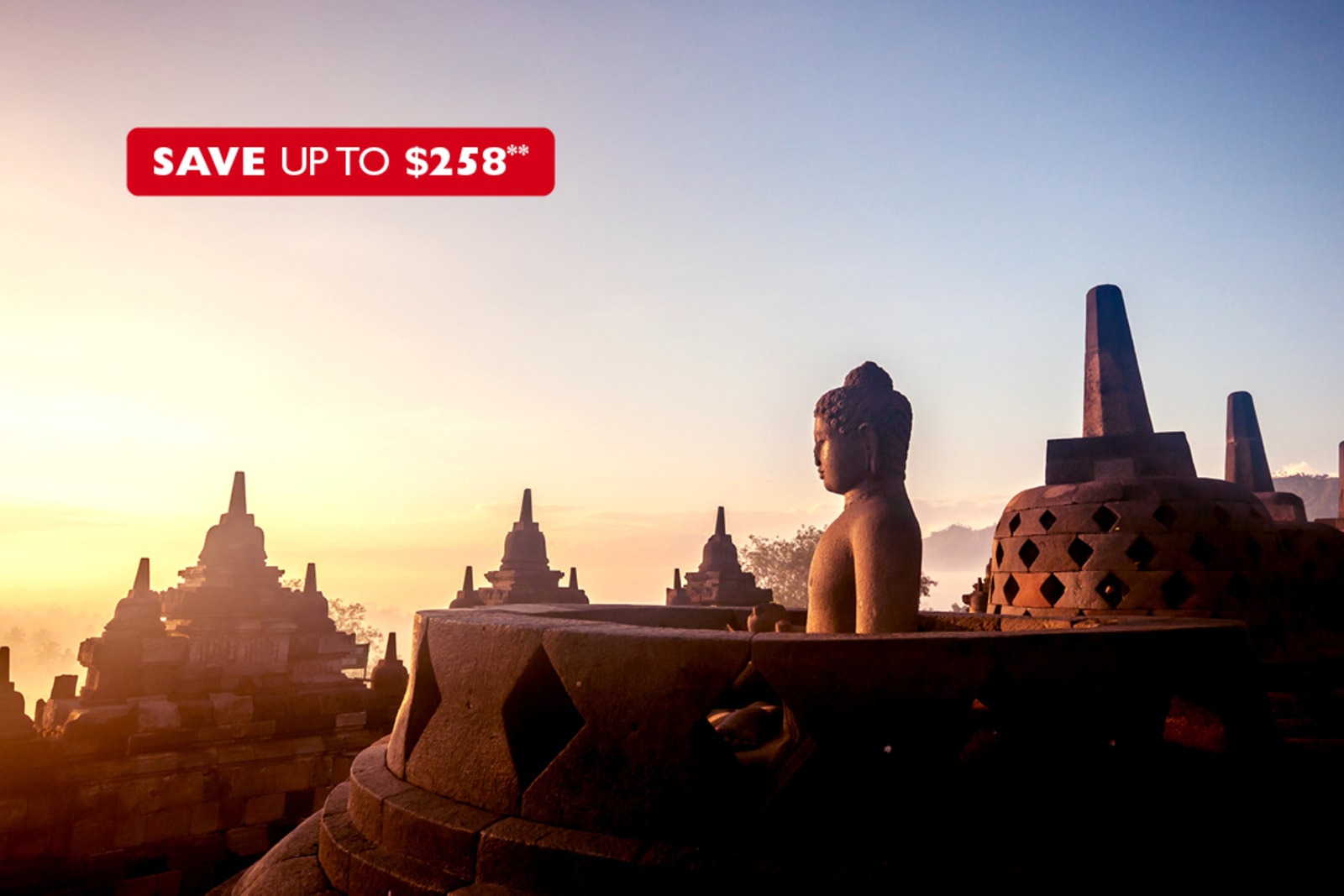 A temple in Bali; you can see the sun setting in the background