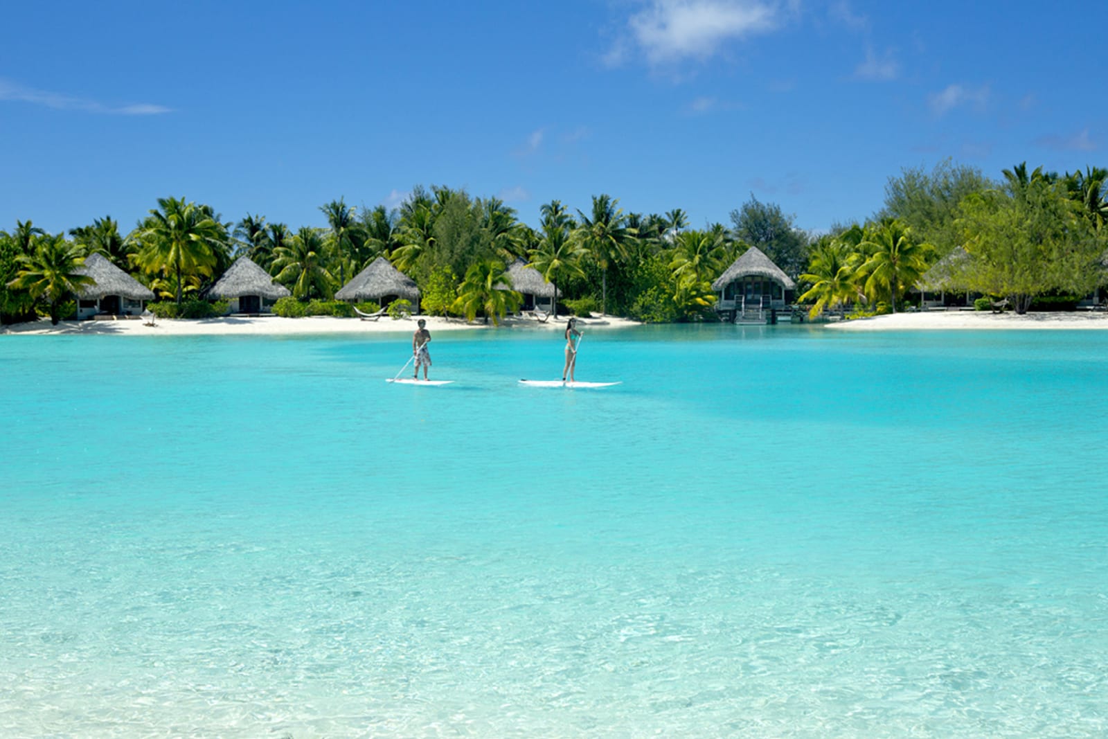 Two people paddleboarding in the lagoon of Bora Bora