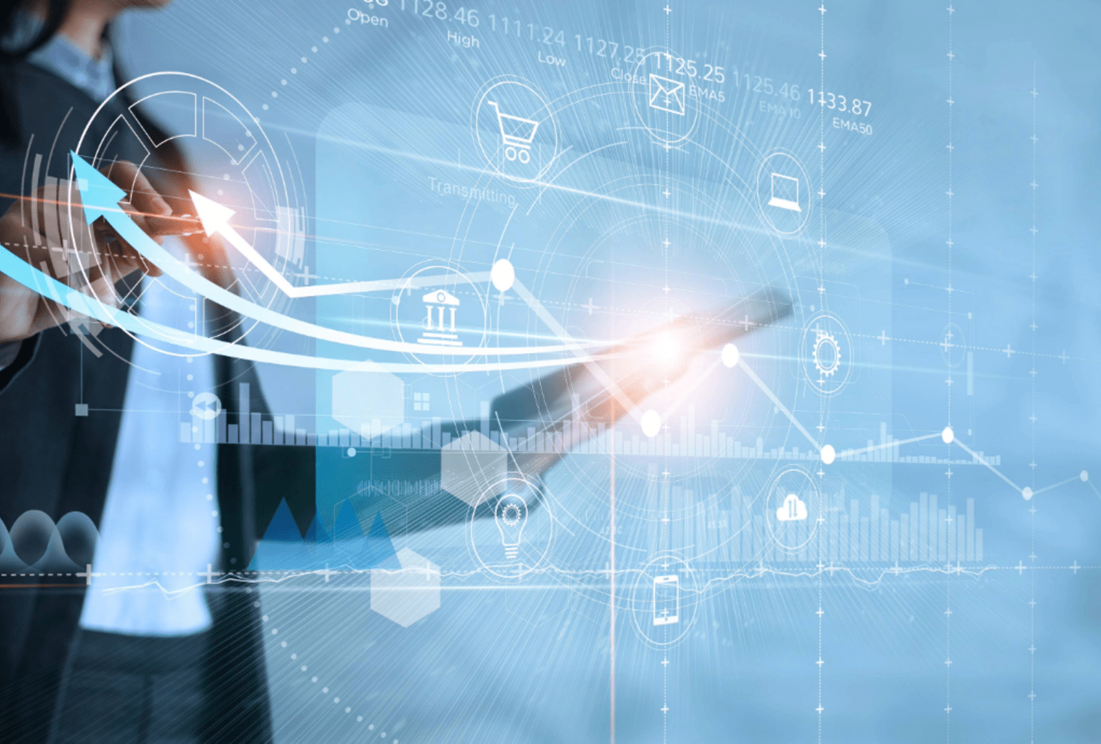 Business woman using tablet analyzing sales data and drawing growth graph with icon customer network connection on virtual interface