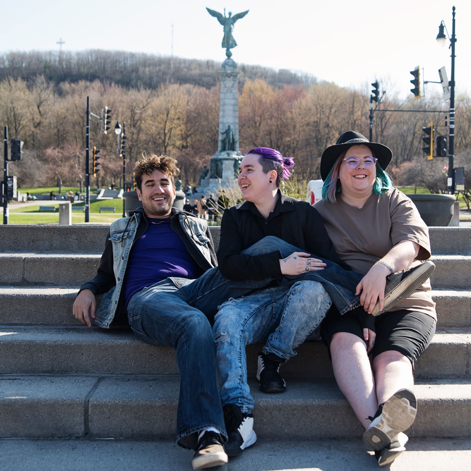 Three partners exploring Montreal sights Mont Royal Park