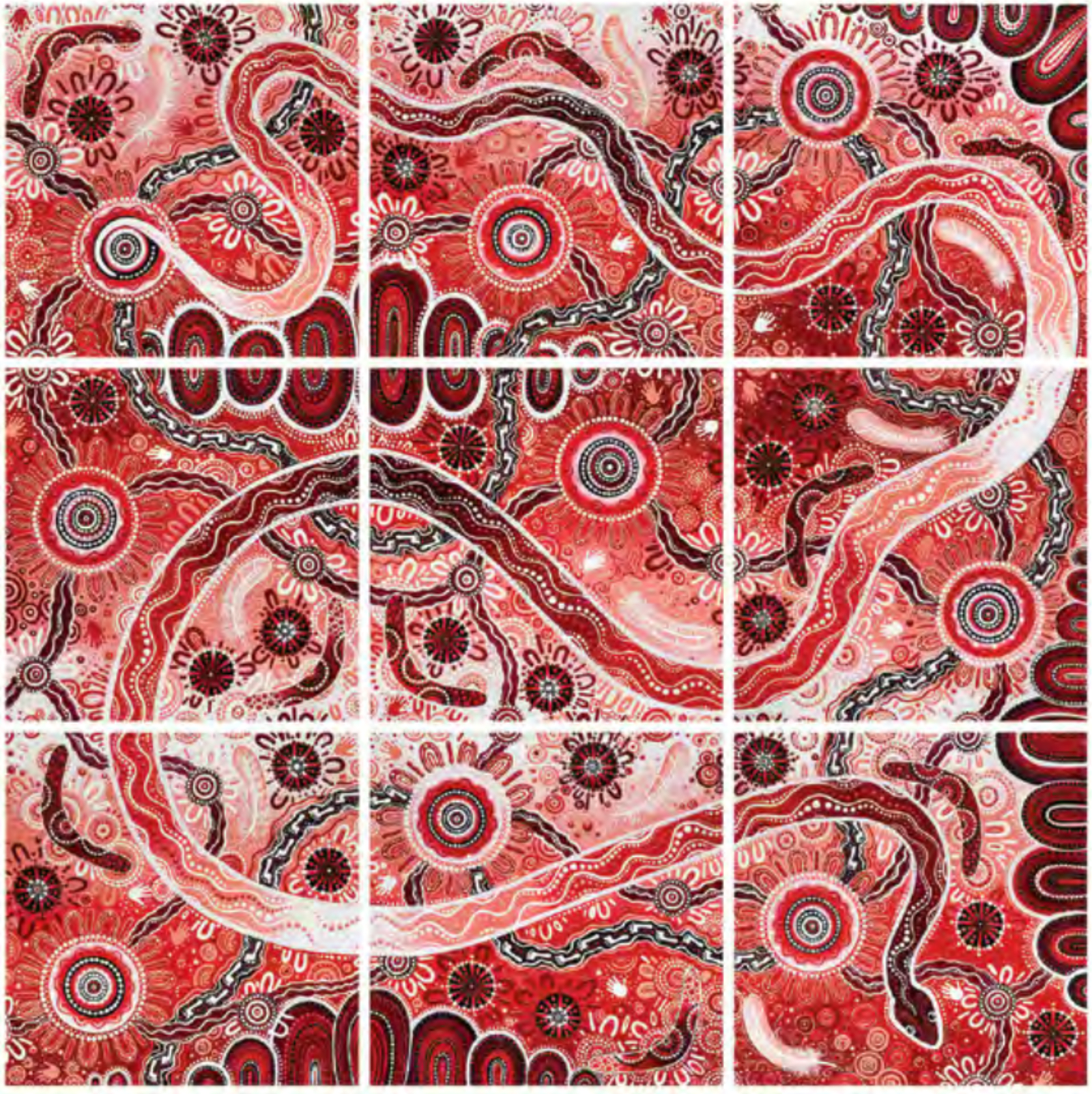 nine panelled, (60cm wide, 60cm high) hand painted, acrylic painting on canvas telling Flight Centre's 40-year story in vivid reds..