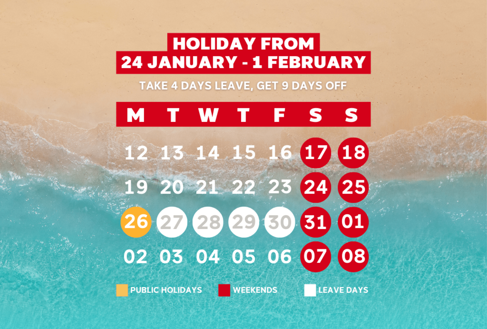 Holiday from:  Saturday, 24 January – Sunday February 1  Book these dates:  Tuesday 27 January  Wednesday 28 January  Thursday, 29 January  Friday 30 January