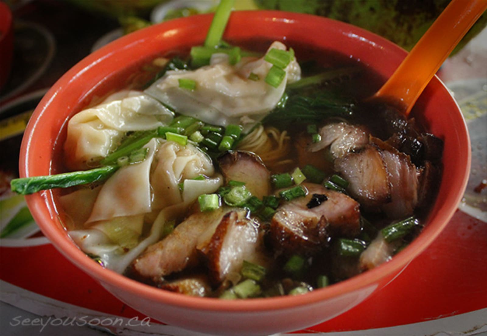 Street food in an orange-red bowl. Meat, dumplings and noodles