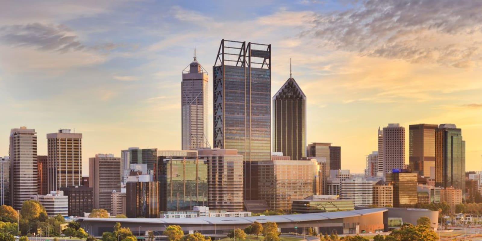The Perth city skyline as the sun sets